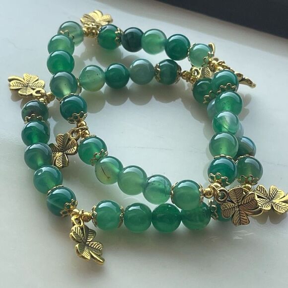 Green dyed agate 4 leaf clover ONE stretch bracelet NEW beaded reiki meditation - Picture 11 of 13
